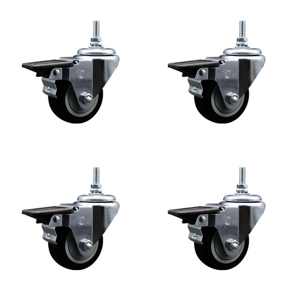 Service Caster 3 Inch Black Polyurethane 12 MM Threaded Stem Caster Set with Brake SCC-TS20S314-PPUB-BLK-PLB-M1215-4 - main